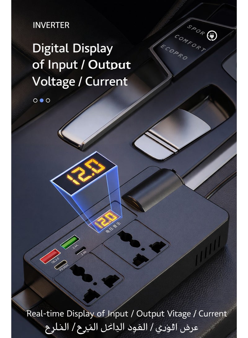 Sisily Car Power Inverter 12V/24V to 220V, Dual AC Sockets + QC3.0 & PD Fast Charging, LED Voltage Display, Smart Temperature Control, Low-Noise Cooling Fan (C11-A, Black) - Image 4