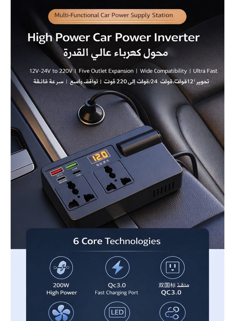 Sisily Car Power Inverter 12V/24V to 220V, Dual AC Sockets + QC3.0 & PD Fast Charging, LED Voltage Display, Smart Temperature Control, Low-Noise Cooling Fan (C11-A, Black) - Image 2