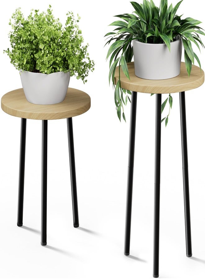 SAKSUN Plant Stand Indoor, Metal Small Round Plant Stand Table, Mid Century Modern Corner Plant Stands Shelfs Holds fit Patio Garden Office Living Room Home Decor-14 & 20" Tall-Adjustable (Burlywood) - Image 1