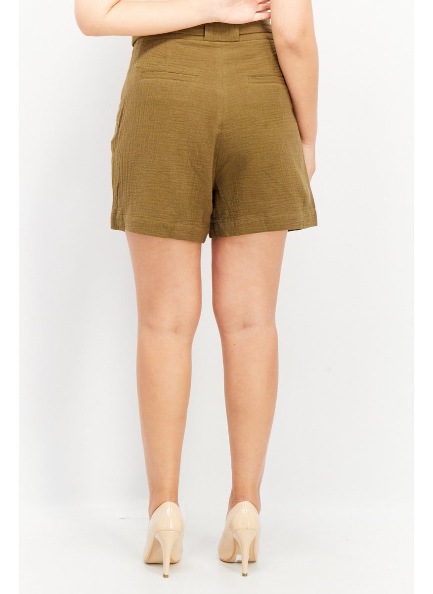 EDC Women Textured Basic Shorts, Olive  - Image 3
