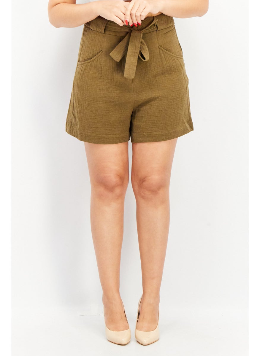 EDC Women Textured Basic Shorts, Olive  - Image 1