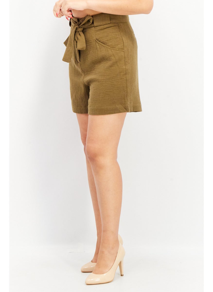 EDC Women Textured Basic Shorts, Olive  - Image 4