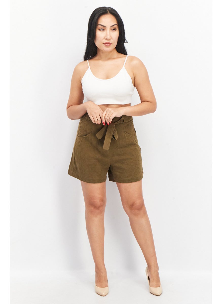 EDC Women Textured Basic Shorts, Olive  - Image 2