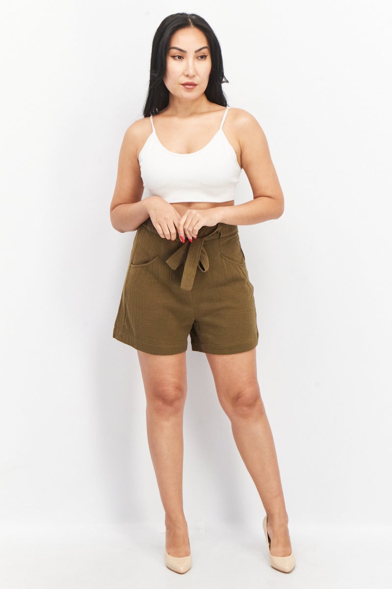 EDC Women Textured Basic Shorts, Olive - Image 2