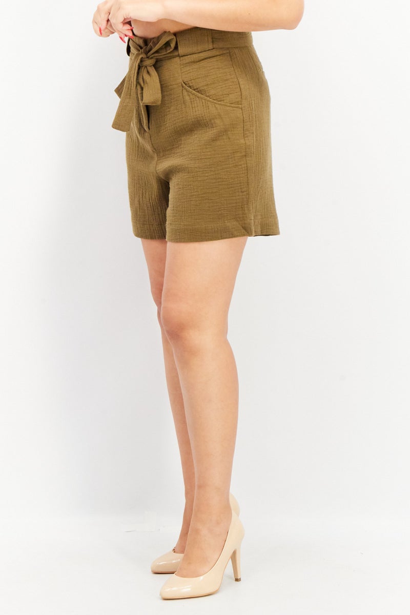 EDC Women Textured Basic Shorts, Olive - Image 4