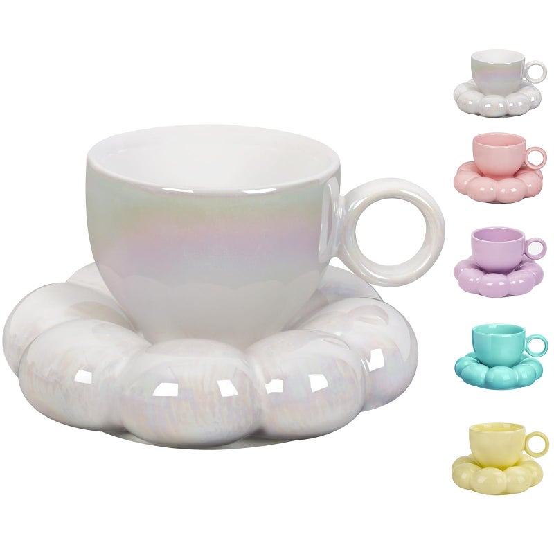ARISKEY 10oz Coffee Mug for WomenCute Tea Cup and Saucer Set with SpoonPerfect for Latte and Milk A Warm Choice for Mothers LovePearl White