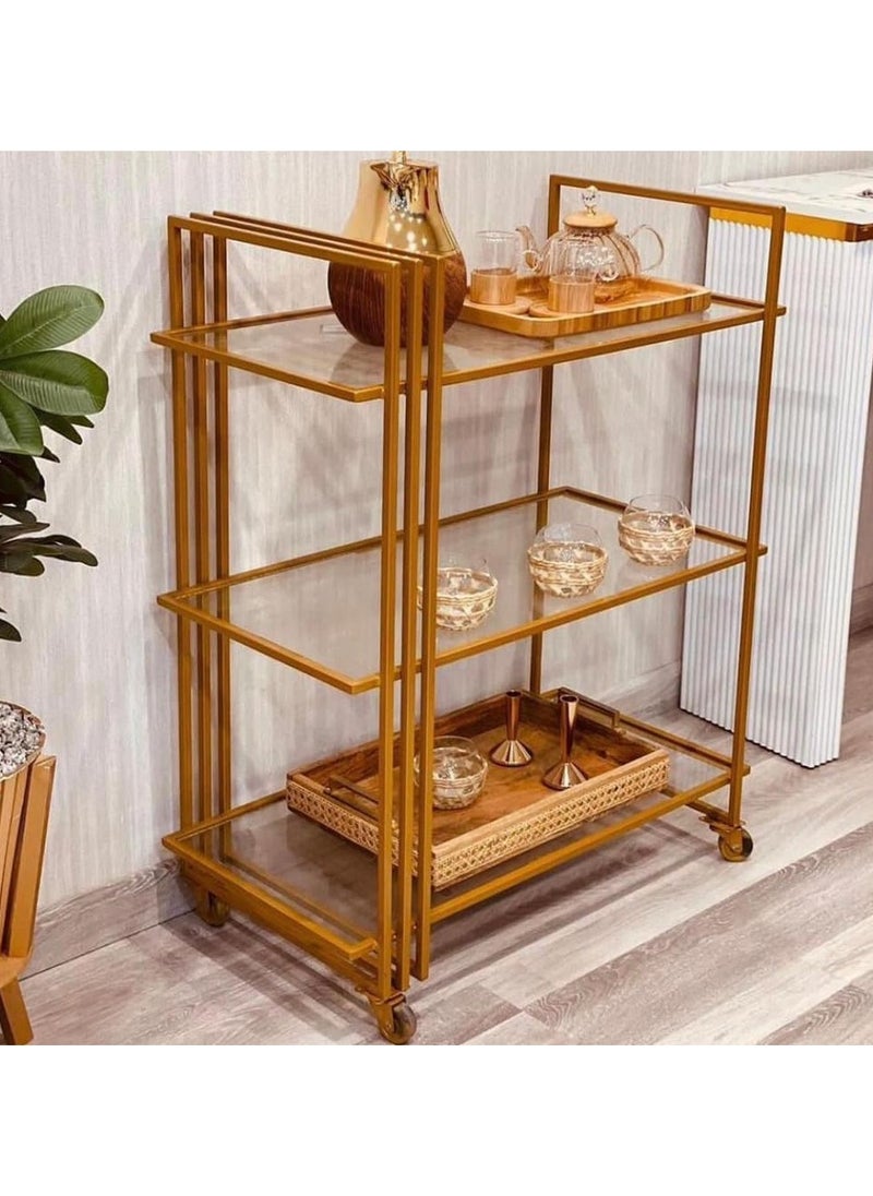 LINGWEI - Modern Kitchen Serving Cart 1.3cm Metal Frame with Clear Glass Shelves Pre Assembled Utility Cart with Lockable Wheels Ideal for Home Kitchen Hotels - Image 1