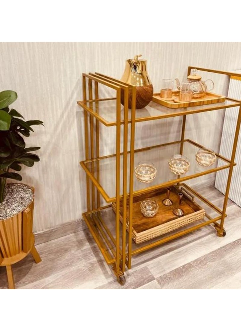 LINGWEI - Modern Kitchen Serving Cart 1.3cm Metal Frame with Clear Glass Shelves Pre Assembled Utility Cart with Lockable Wheels Ideal for Home Kitchen Hotels - Image 1