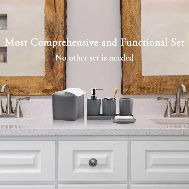 Bthenov Bathroom Accessory Set - 10 Piece Grey Bathroom Accessories Set with Trash Can, Toothbrush Holder and Cup, Soap Dispenser, Soap Dish, Toilet Brush Holder, Vanity Tray, Qtip Holder, Tissue Box Cover - Image 2