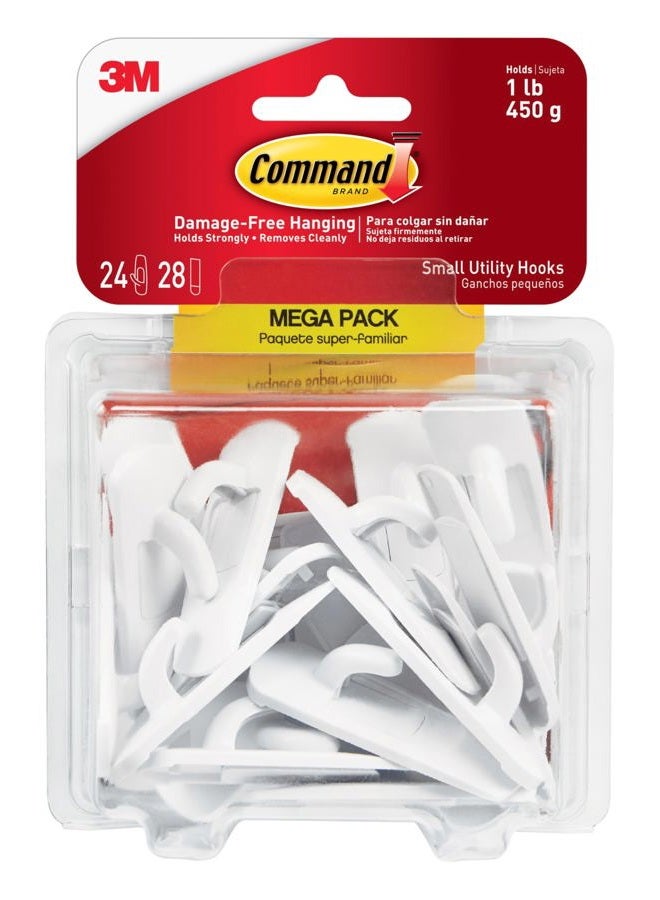 Command Small Utility Hooks, Damage Free Hanging Wall Hooks with Adhesive Strips, No Tools Wall Hooks for Hanging Organizational Items in Living Spaces, 24 White Hooks and 28 Command Strips - Image 1