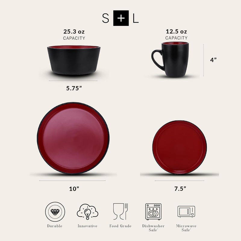 Stone Lain طقم أدوات المائدة من ستون لين ألبى من الخزف 16 قطعة أطباق وأوعية طقم أطباق لـ 4 أشخاص باللون الأحمر والأسود آمن للاستخدام في الميكروويف وغسالة الصحون - Image 5