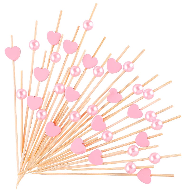 200 Pcs Pink Pearl Cocktail Picks Appetizers Picks Heart Toothpicks 47 Inch Sandwich Fruit Toothpicks Bamboo Decorations for Cocktail Skewers Dessert Cute Food Baby Shower Wedding Valentines