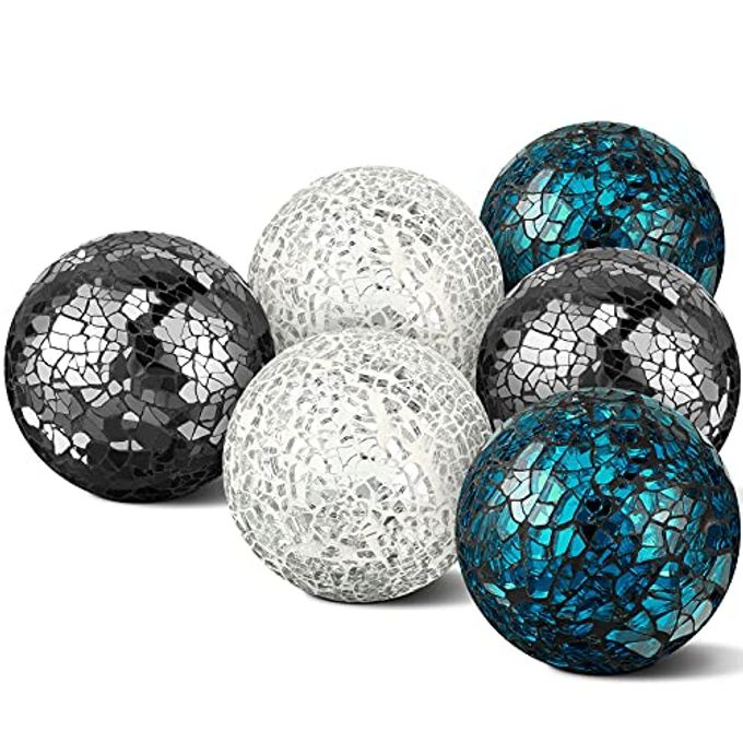 Cunhill 6 Pieces Decorative Balls for Bowls 6.5 cm / 2.5 Inch Orbs Glass Balls for Centerpiece Bowls Mosaic Sphere for Home Decoration Dining Table Christmas Party (Sliver,Turquoise,Black) - Image 1