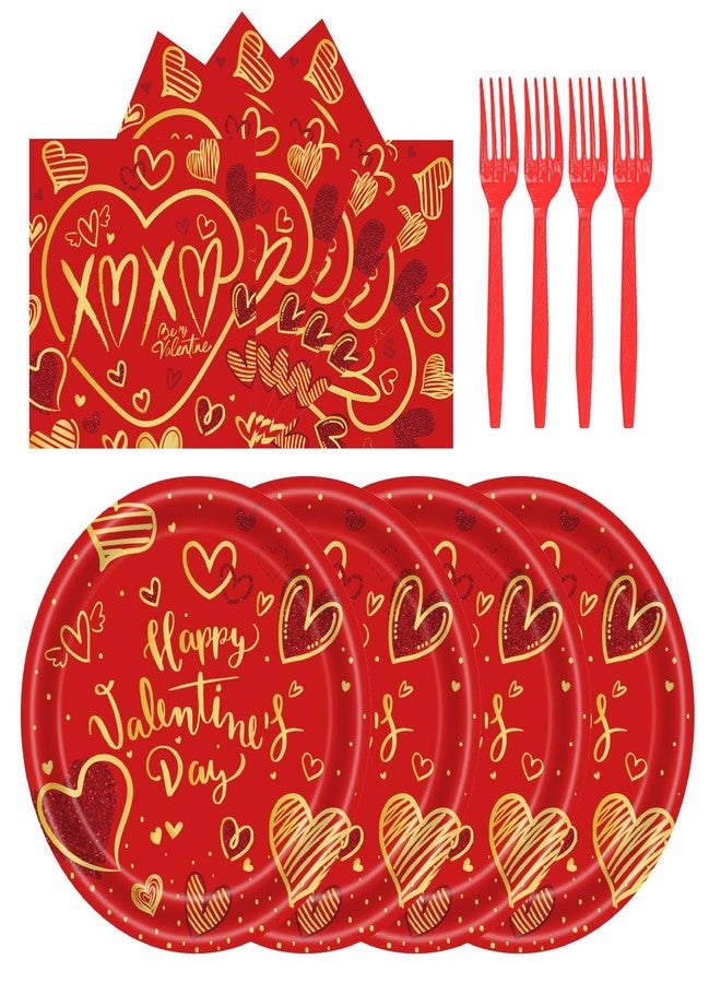 LYFREE 72Pcs Happy Valentine's Day Plates and Napkins Party Supplies Red & Gold Heart Paper Plates and Napkins with Forks 7inch Disposable Love Heart Dessert Plate Tableware Decorations for Valentines Day - Image 1