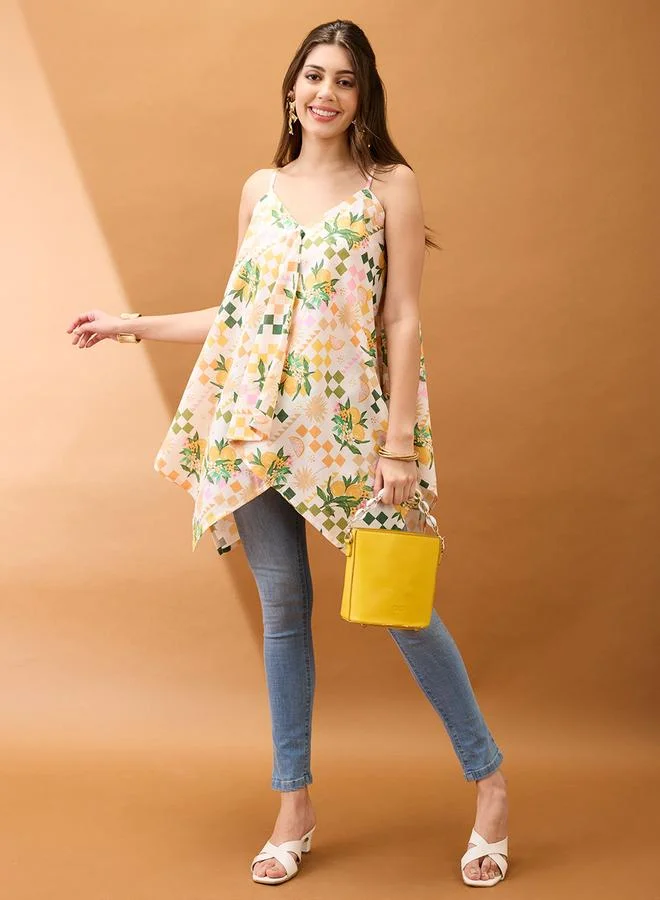 globus Floral Fruit Print Asymmetric Hem Fusion Tunic