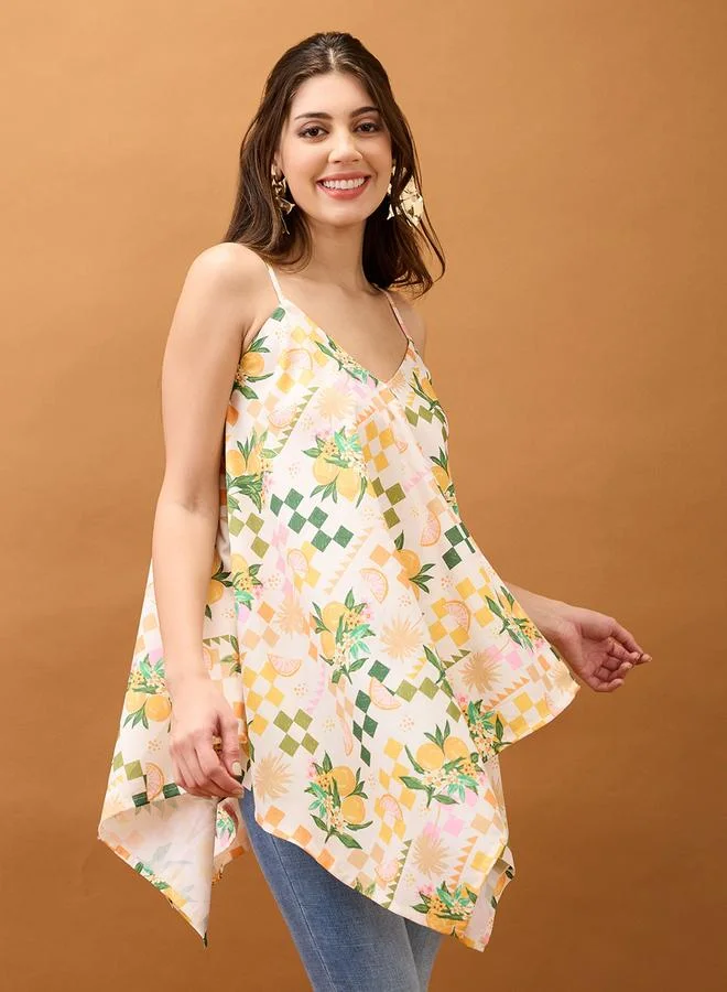 globus Floral Fruit Print Asymmetric Hem Fusion Tunic