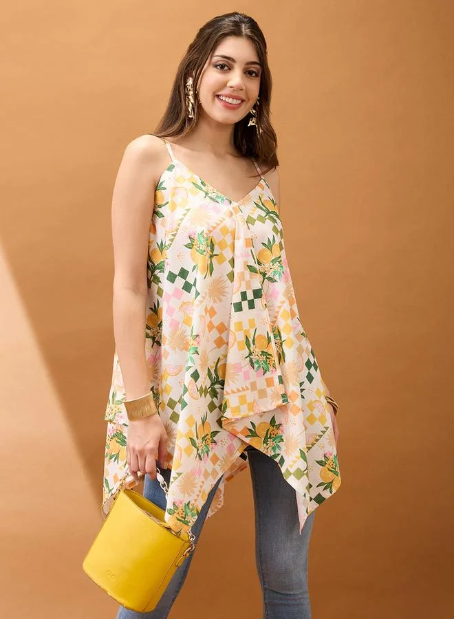 globus Floral Fruit Print Asymmetric Hem Fusion Tunic