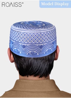 roaiss 3 Pcs Muslim Prayer Kufi Hat for Men Prayer Headwear Cap Islamic Beanie Cap Embroidery Foldable Sun Hat Ramadan Eid Gift 56-58cm Blue and White and Dark Brown  - Image 2