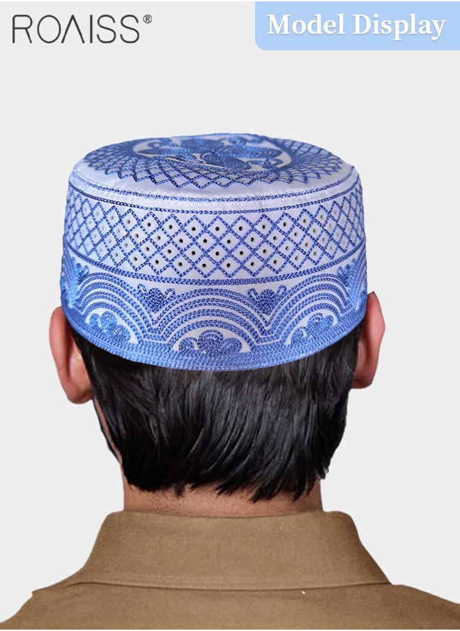 roaiss - 3 Pcs Muslim Prayer Kufi Hat for Men Prayer Headwear Cap Islamic Beanie Cap Embroidery Foldable Sun Hat Ramadan Eid Gift 56-58cm Blue and White and Dark Brown - Image 1
