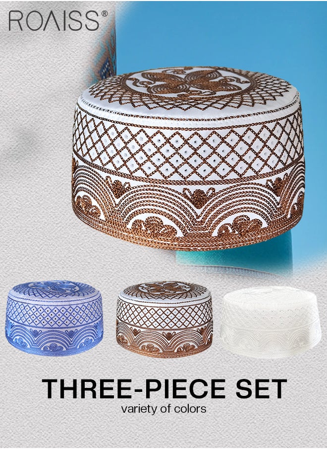 roaiss - 3 Pcs Muslim Prayer Kufi Hat for Men Prayer Headwear Cap Islamic Beanie Cap Embroidery Foldable Sun Hat Ramadan Eid Gift 56-58cm Blue and White and Dark Brown - Image 1