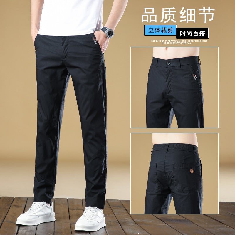 New Trendy Trendy Pants for Season Men Solid Color Simple Comfortable Straight Pants Cotton Elastic Business Casual Pants for Men 569 black 