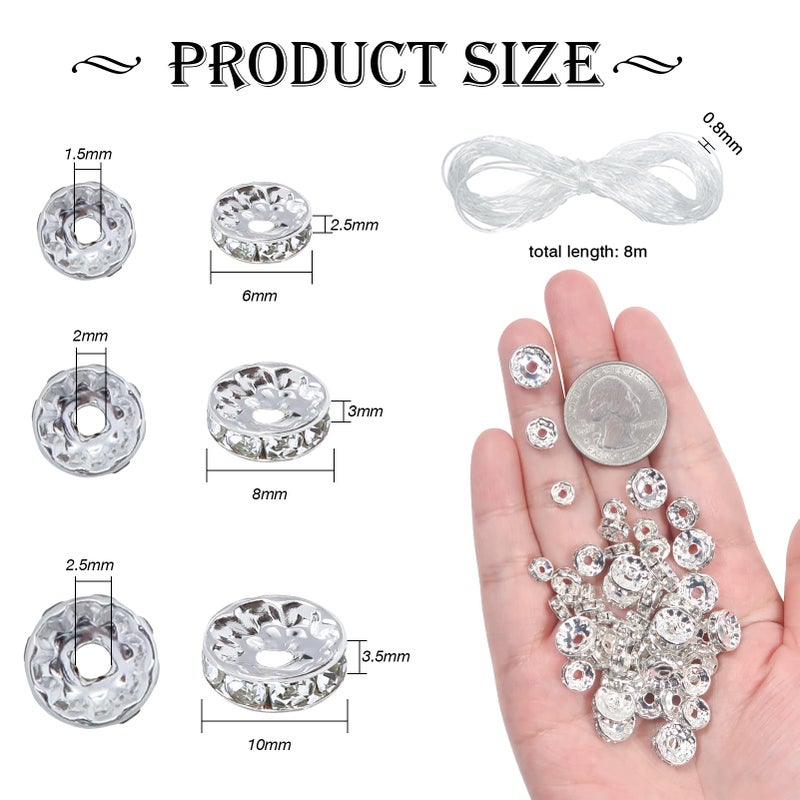 TOAOB THE ONE AND ONLY BABY TOAOB 200pcs Rondelle Spacer Beads 6mm 8mm 10mm Round Crystal Czech Loose Spacer Beads Silver Rhinestone Charms Beads with Elastic String for DIY Crafts Jewelry Making Necklace Bracelet - Image 2