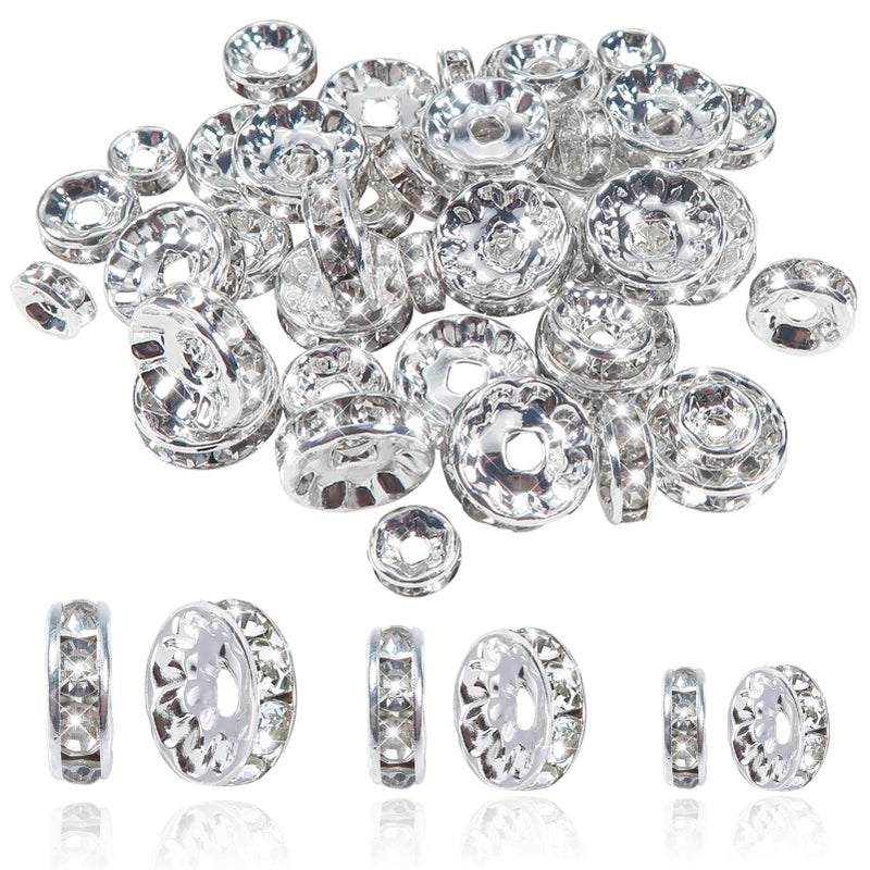 TOAOB THE ONE AND ONLY BABY TOAOB 200pcs Rondelle Spacer Beads 6mm 8mm 10mm Round Crystal Czech Loose Spacer Beads Silver Rhinestone Charms Beads with Elastic String for DIY Crafts Jewelry Making Necklace Bracelet - Image 1