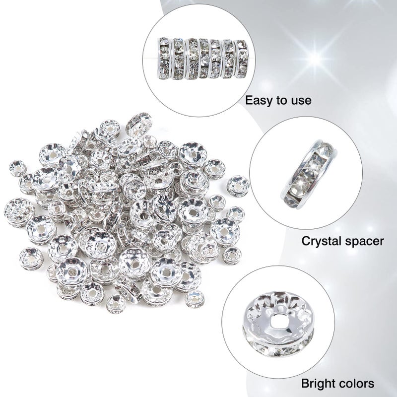 TOAOB THE ONE AND ONLY BABY TOAOB 200pcs Rondelle Spacer Beads 6mm 8mm 10mm Round Crystal Czech Loose Spacer Beads Silver Rhinestone Charms Beads with Elastic String for DIY Crafts Jewelry Making Necklace Bracelet - Image 5