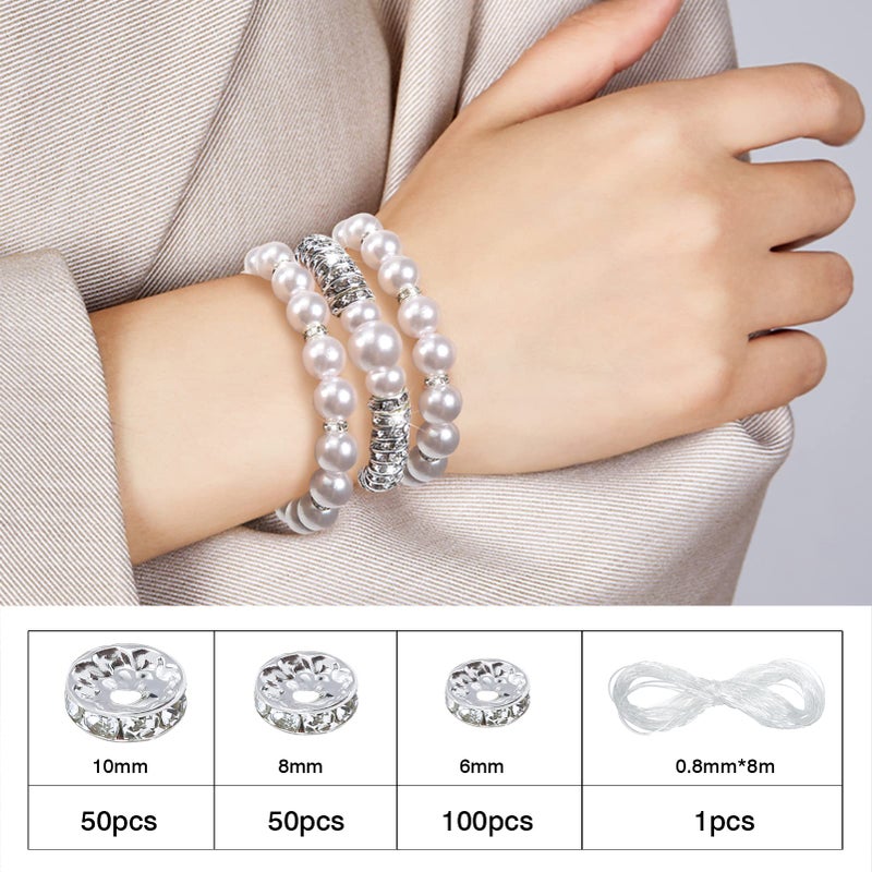 TOAOB THE ONE AND ONLY BABY TOAOB 200pcs Rondelle Spacer Beads 6mm 8mm 10mm Round Crystal Czech Loose Spacer Beads Silver Rhinestone Charms Beads with Elastic String for DIY Crafts Jewelry Making Necklace Bracelet - Image 3