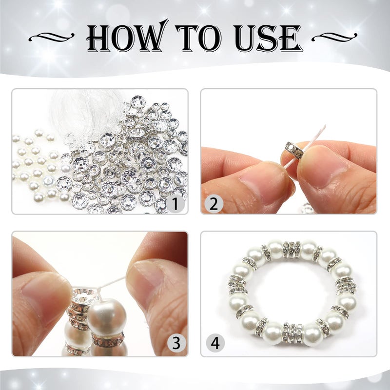 TOAOB THE ONE AND ONLY BABY TOAOB 200pcs Rondelle Spacer Beads 6mm 8mm 10mm Round Crystal Czech Loose Spacer Beads Silver Rhinestone Charms Beads with Elastic String for DIY Crafts Jewelry Making Necklace Bracelet - Image 4