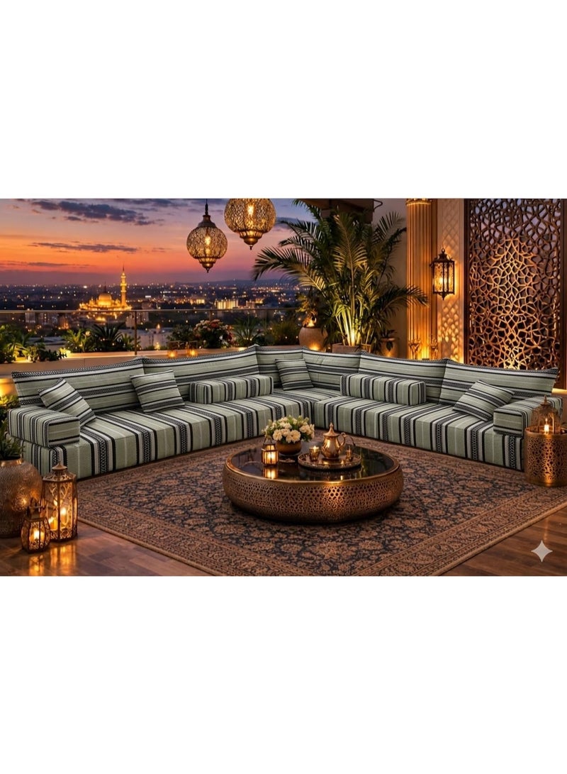 Arabic Majlis Floor Sofa, L-Shaped Sectional Seating, Striped Fabric, Bohemian Style, Indoor Outdoor Use