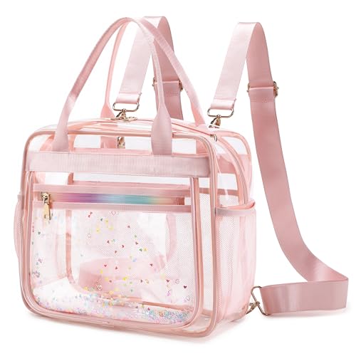 KIDNUO Clear Beach Bag Women Handbag Large Swim Tote Pool Sand Crossbody Bags Transparent Backpack for Girls Stadium Approved Messenger Shoulder Daypack Carry on Totes School Students Pink - Image 1