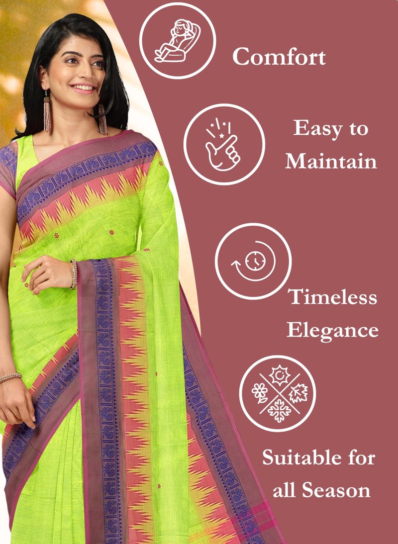 NandaVanam Women's Chettinad Cotton Saree with Blouse | Chettinad Cotton Sarees with Peacock Border | Soft, Comfort, Chettinad Pure Cotton Sarees | Handloom Sarees for Women (Pista) - Image 4