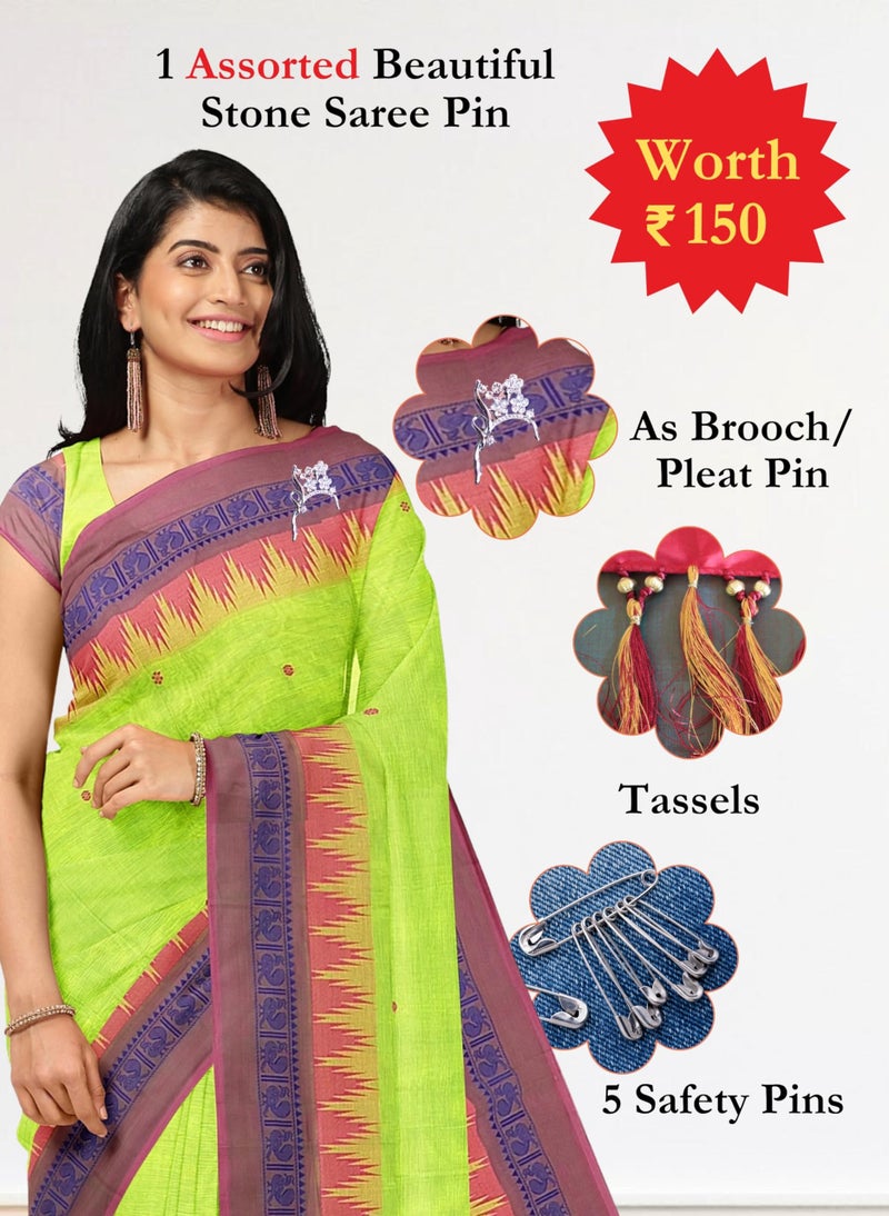 NandaVanam Women's Chettinad Cotton Saree with Blouse | Chettinad Cotton Sarees with Peacock Border | Soft, Comfort, Chettinad Pure Cotton Sarees | Handloom Sarees for Women (Pista) - Image 3