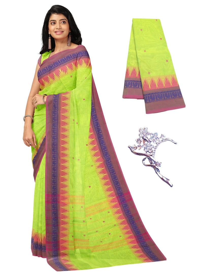 NandaVanam Women's Chettinad Cotton Saree with Blouse | Chettinad Cotton Sarees with Peacock Border | Soft, Comfort, Chettinad Pure Cotton Sarees | Handloom Sarees for Women (Pista) - Image 1