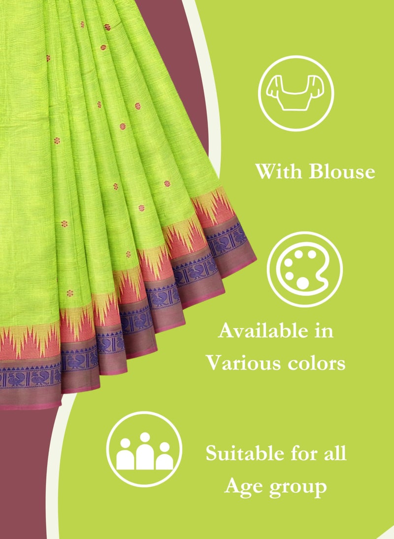 NandaVanam Women's Chettinad Cotton Saree with Blouse | Chettinad Cotton Sarees with Peacock Border | Soft, Comfort, Chettinad Pure Cotton Sarees | Handloom Sarees for Women (Pista) - Image 5