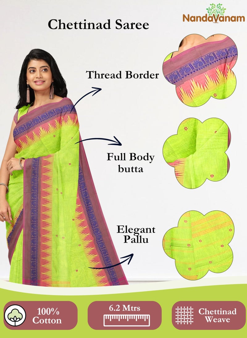 NandaVanam Women's Chettinad Cotton Saree with Blouse | Chettinad Cotton Sarees with Peacock Border | Soft, Comfort, Chettinad Pure Cotton Sarees | Handloom Sarees for Women (Pista) - Image 2