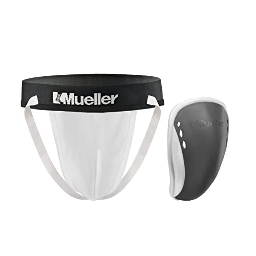 Mueller داعم رياضي للرجال من MUELLER مع كوب Flex Shield، جراسب للبالغين للرياضة، ملابس داخلية بيضاء/كوب رمادي، صغير - Image 1