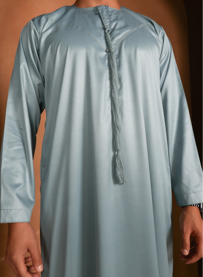 Yigo by Mariam Kandhoura Boudou – Light Teal Emirati Kandhoura – Soft Satin Blend | Elegant & Breathable Traditional Wear - Image 2