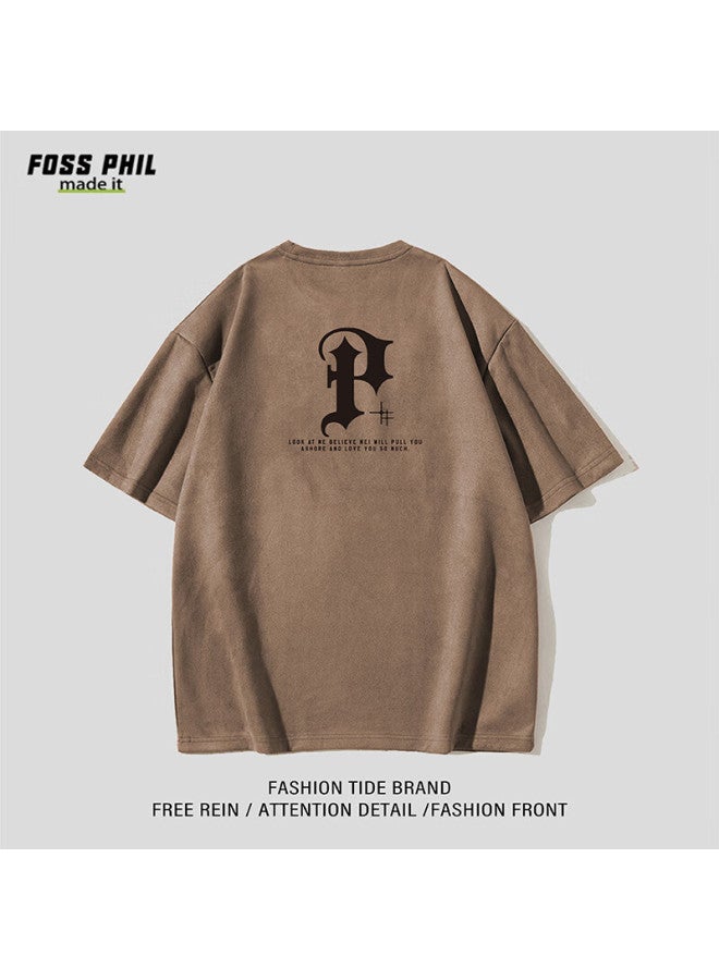 Foss Phil Short-sleeve T-shirt For Men And Women, Summer Suede American Trendy Simple Printed Undershirt, Men's Clothing Dt12 Coffee L - Image 3