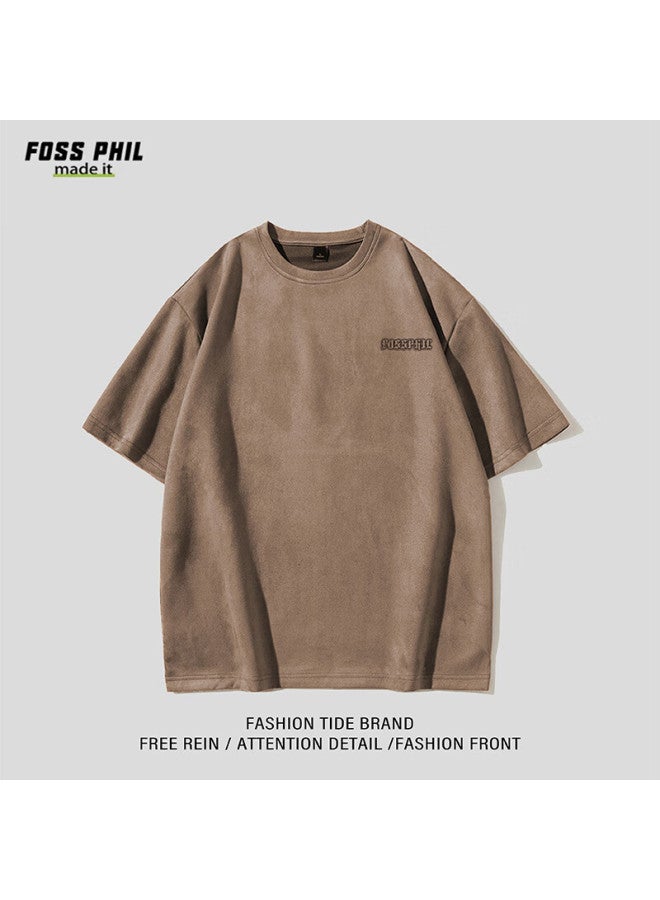 Foss Phil Short-sleeve T-shirt For Men And Women, Summer Suede American Trendy Simple Printed Undershirt, Men's Clothing Dt12 Coffee L - Image 2