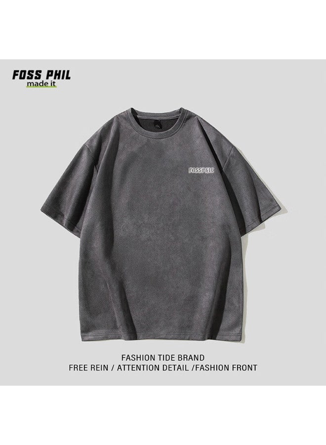 Foss Phil Short-sleeve T-shirt For Men And Women, Summer Suede American Trendy Simple Printed Undershirt, Men's Clothing Dt12 Coffee L - Image 4