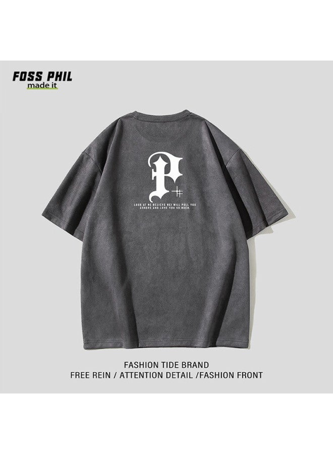 Foss Phil Short-sleeve T-shirt For Men And Women, Summer Suede American Trendy Simple Printed Undershirt, Men's Clothing Dt12 Coffee L - Image 5