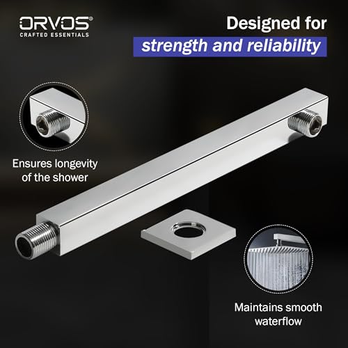 Orvos Shower arm, straight square, Premium 304 Stainless Steel grade, with salt tested chrome plating, 12 inches, for front fit showers in high end luxury bathrooms - Image 5
