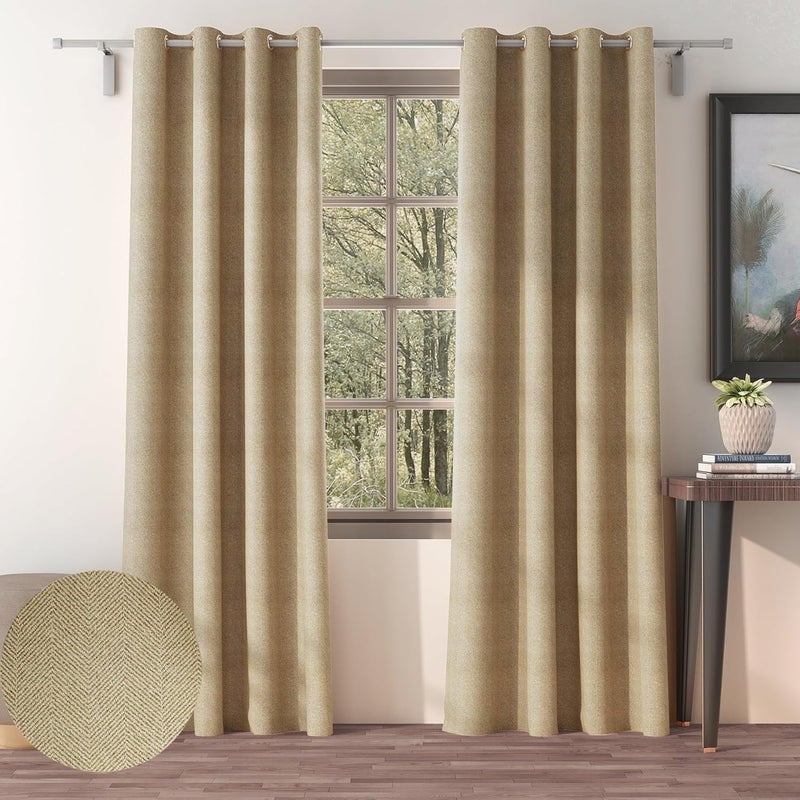 Casableu Herringbone Polyester Eyelets (Steel) Blackout Curtains with Tie Back, Bedroom Living Room (Pack of 2) (Chiku, 7 feet) - Image 1