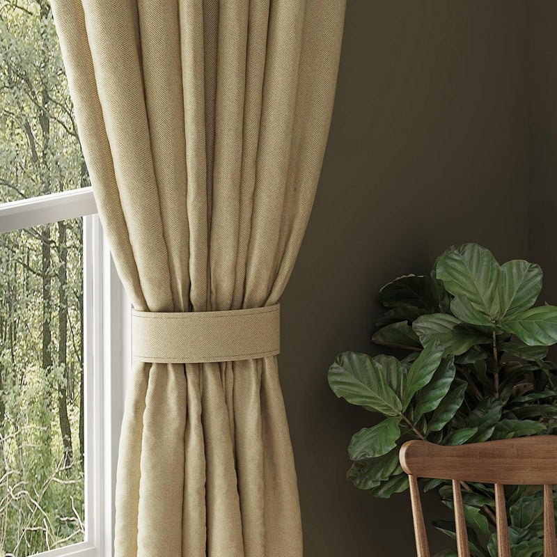 Casableu Herringbone Polyester Eyelets (Steel) Blackout Curtains with Tie Back, Bedroom Living Room (Pack of 2) (Chiku, 7 feet) - Image 4