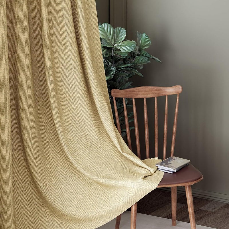 Casableu Herringbone Polyester Eyelets (Steel) Blackout Curtains with Tie Back, Bedroom Living Room (Pack of 2) (Chiku, 7 feet) - Image 2
