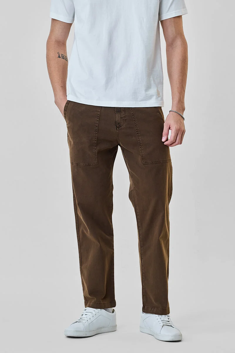 سنيتش Brown Textured Slim Fit Casual Trousers