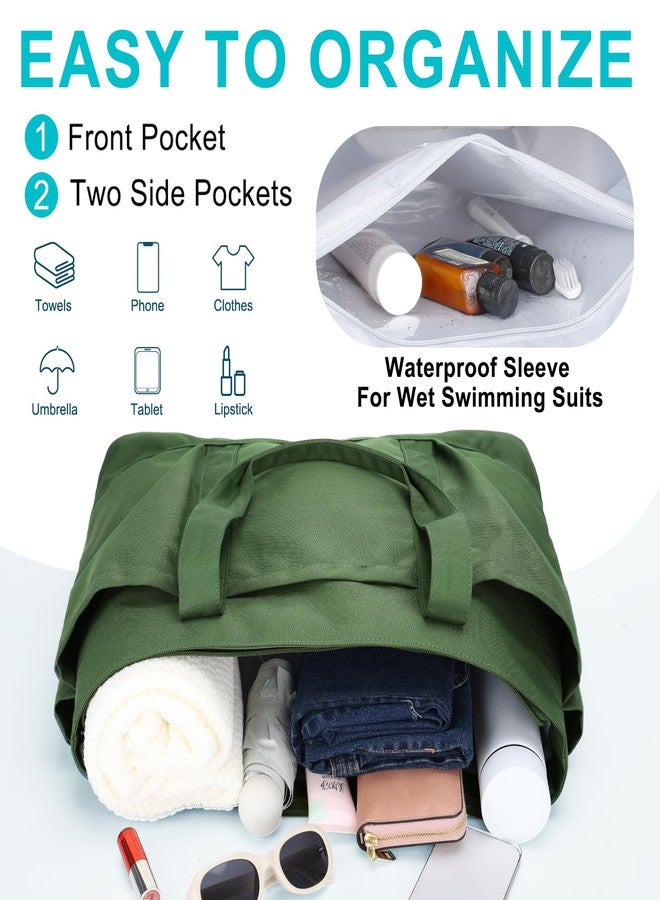 فاشي حقيبة شاطئ كبيرة جدًا من فاشي، حقيبة سفر عملية كبيرة الحجم مزودة بسحاب، مقاومة للماء والرمل، حقيبة حمام سباحة مع حقيبة مبللة لملابس السباحة، لون أخضر - Image 3