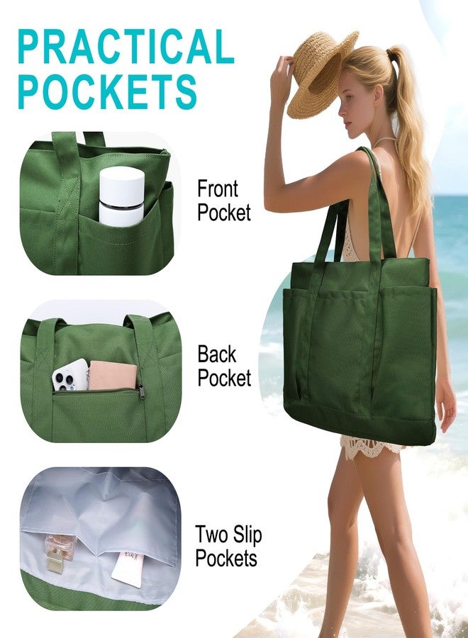 فاشي حقيبة شاطئ كبيرة جدًا من فاشي، حقيبة سفر عملية كبيرة الحجم مزودة بسحاب، مقاومة للماء والرمل، حقيبة حمام سباحة مع حقيبة مبللة لملابس السباحة، لون أخضر - Image 5